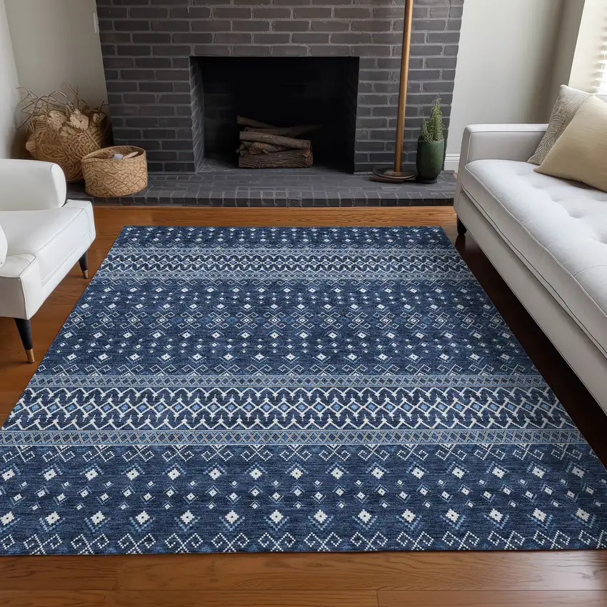 Navy Blue And Denim Blue Tribal Washable Indoor Outdoor Area Rug Photo 9