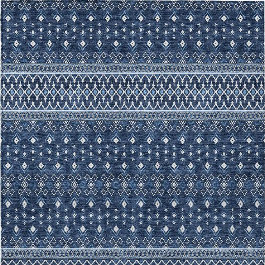 Navy Blue And Denim Blue Tribal Washable Indoor Outdoor Area Rug Photo 5