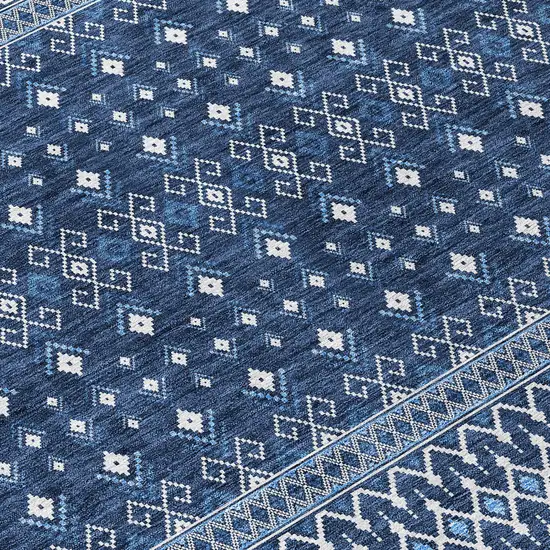 Navy Blue And Denim Blue Tribal Washable Indoor Outdoor Area Rug Photo 3