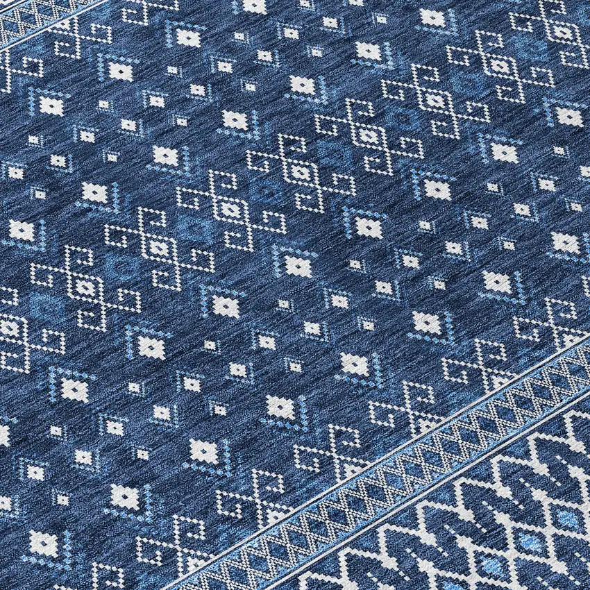 Navy Blue And Denim Blue Tribal Washable Indoor Outdoor Area Rug Photo 3