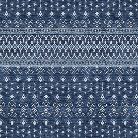 Navy Blue And Denim Blue Tribal Washable Indoor Outdoor Area Rug Photo 4