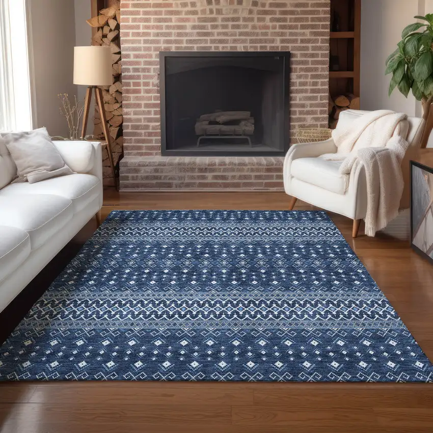 Navy Blue And Denim Blue Tribal Washable Indoor Outdoor Area Rug Photo 8