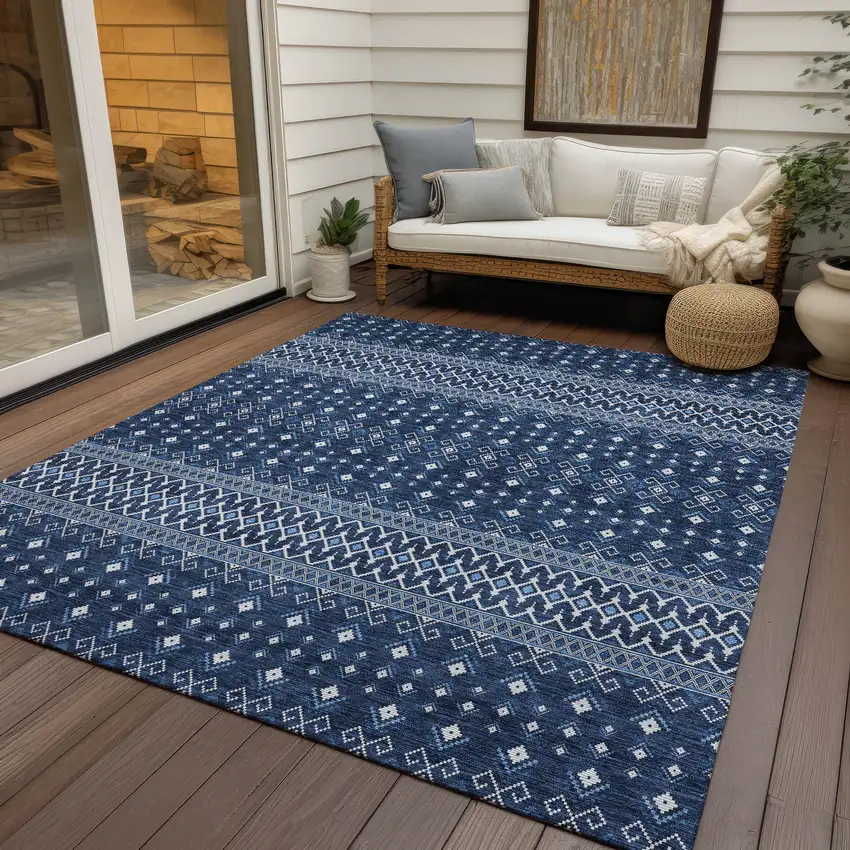 Navy Blue And Denim Blue Tribal Washable Indoor Outdoor Area Rug Photo 6
