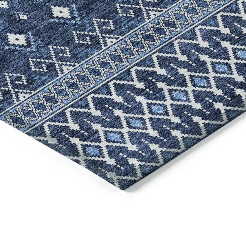 Navy Blue And Denim Blue Tribal Washable Indoor Outdoor Area Rug Photo 4