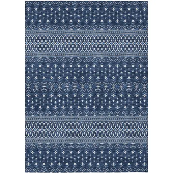 Navy Blue And Denim Blue Tribal Washable Indoor Outdoor Area Rug Photo 1