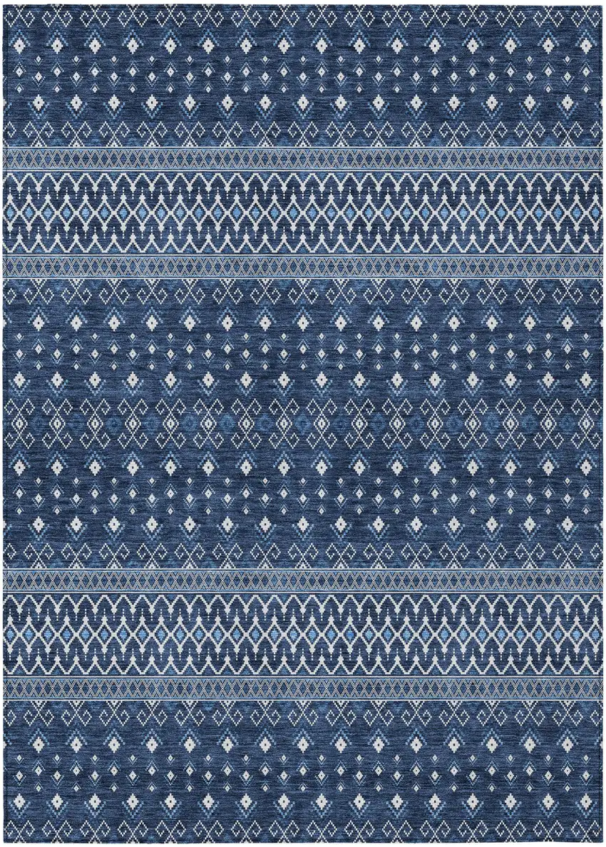 Navy Blue And Denim Blue Tribal Washable Indoor Outdoor Area Rug Photo 1