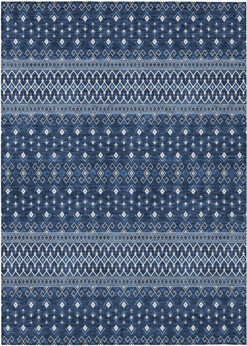 Navy Blue And Denim Blue Tribal Washable Indoor Outdoor Area Rug Photo 1