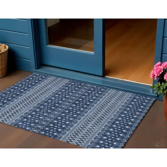 Navy Blue And Denim Blue Tribal Washable Indoor Outdoor Area Rug Photo 1