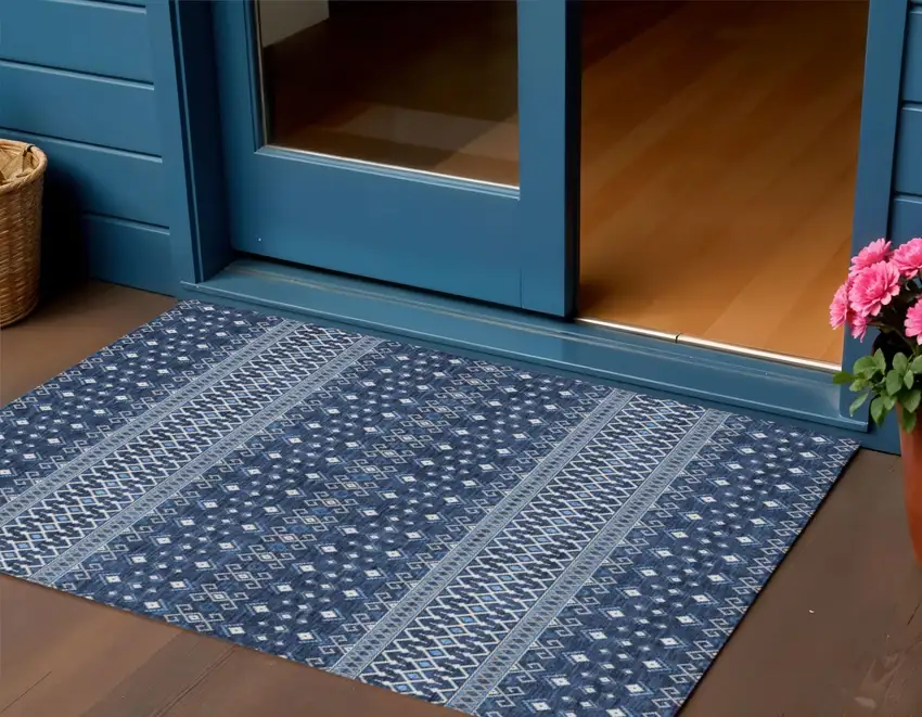 Navy Blue And Denim Blue Tribal Washable Indoor Outdoor Area Rug Photo 1