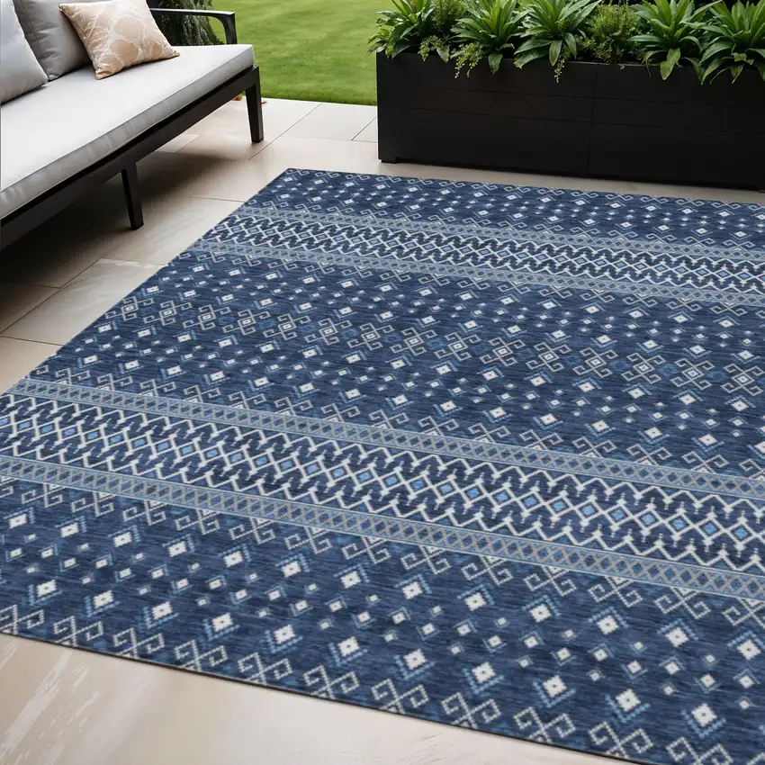 Navy Blue And Denim Blue Tribal Washable Indoor Outdoor Area Rug Photo 1