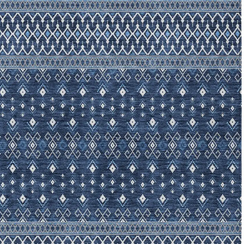 Navy Blue And Denim Blue Tribal Washable Indoor Outdoor Area Rug Photo 6
