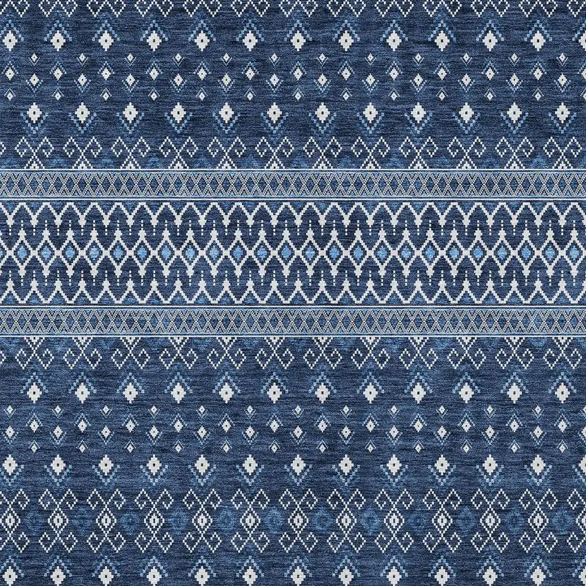 Navy Blue And Denim Blue Tribal Washable Indoor Outdoor Area Rug Photo 4