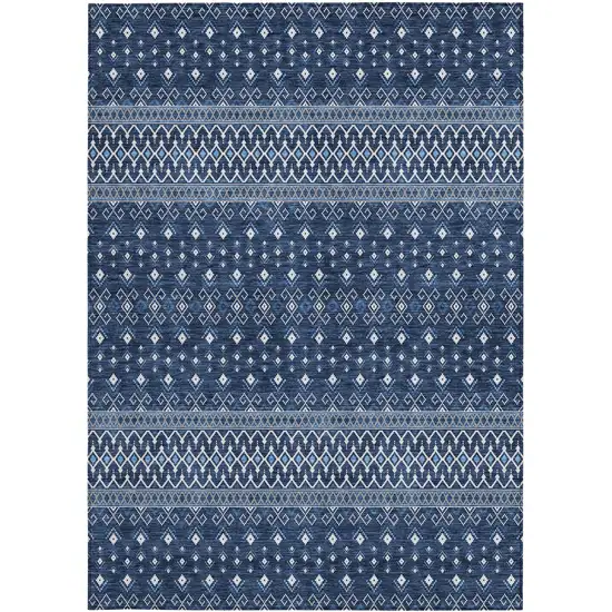 Navy Blue And Denim Blue Tribal Washable Indoor Outdoor Area Rug Photo 5