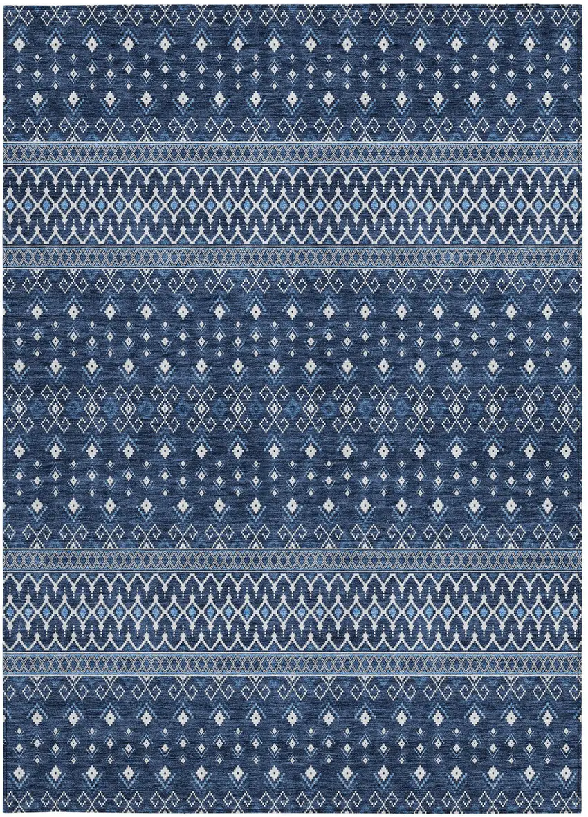 Navy Blue And Denim Blue Tribal Washable Indoor Outdoor Area Rug Photo 5
