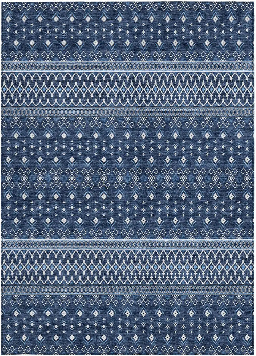 Navy Blue And Denim Blue Tribal Washable Indoor Outdoor Area Rug Photo 5