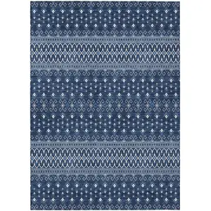 Photo of Navy Blue And Denim Blue Tribal Washable Indoor Outdoor Area Rug