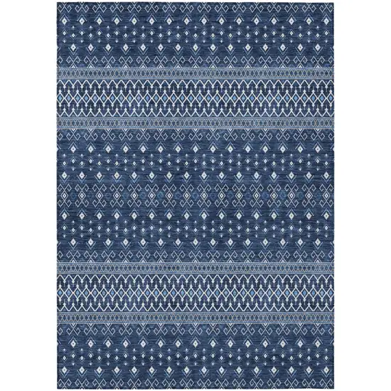 Navy Blue And Denim Blue Tribal Washable Indoor Outdoor Area Rug Photo 1