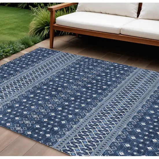 Navy Blue And Denim Blue Tribal Washable Indoor Outdoor Area Rug Photo 1