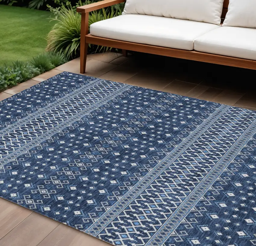 Navy Blue And Denim Blue Tribal Washable Indoor Outdoor Area Rug Photo 1