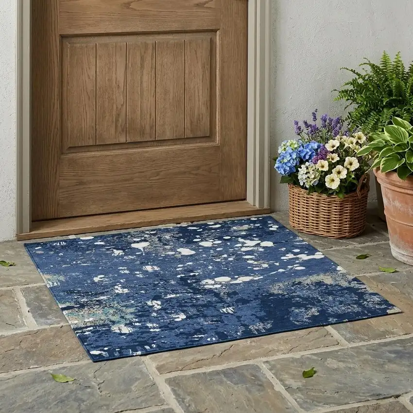 Navy Blue And Fern Green Abstract Washable Indoor Outdoor Area Rug Photo 1