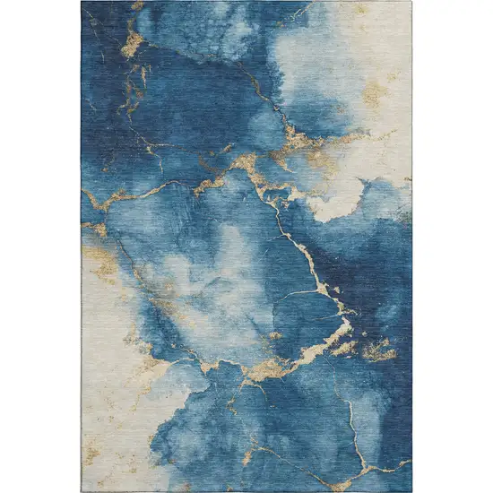 Navy Blue And Gold Abstract Washable Area Rug With UV Protection Photo 1