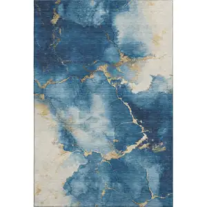 Photo of Navy Blue And Gold Abstract Washable Area Rug With UV Protection