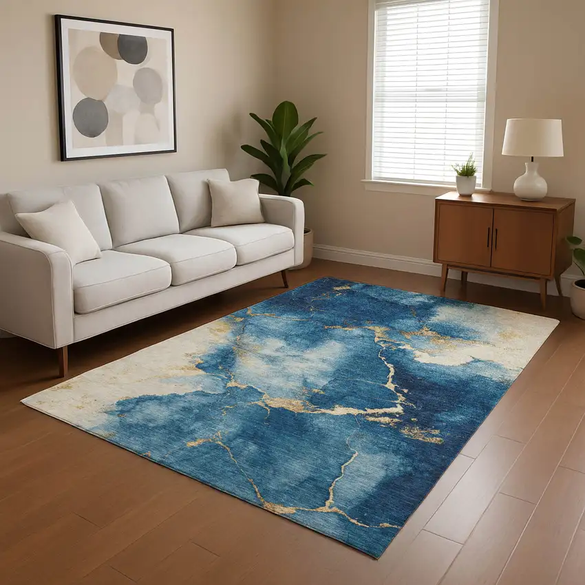 Navy Blue And Gold Abstract Washable Area Rug With UV Protection Photo 4