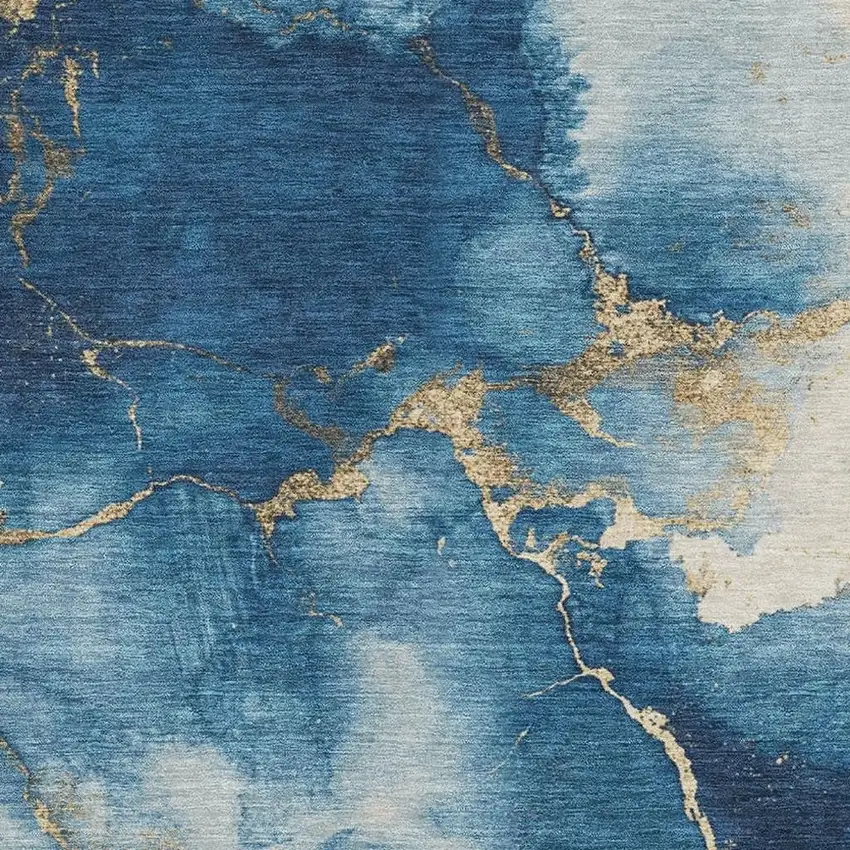 Navy Blue And Gold Abstract Washable Area Rug With UV Protection Photo 2