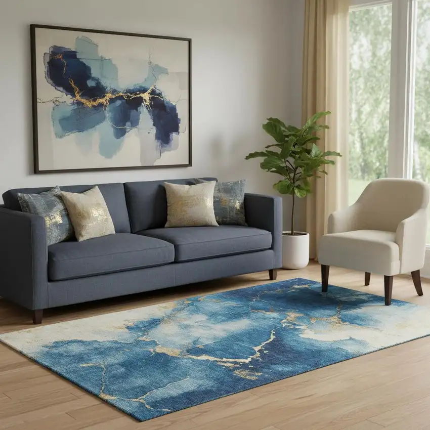 Navy Blue And Gold Abstract Washable Area Rug With UV Protection Photo 2