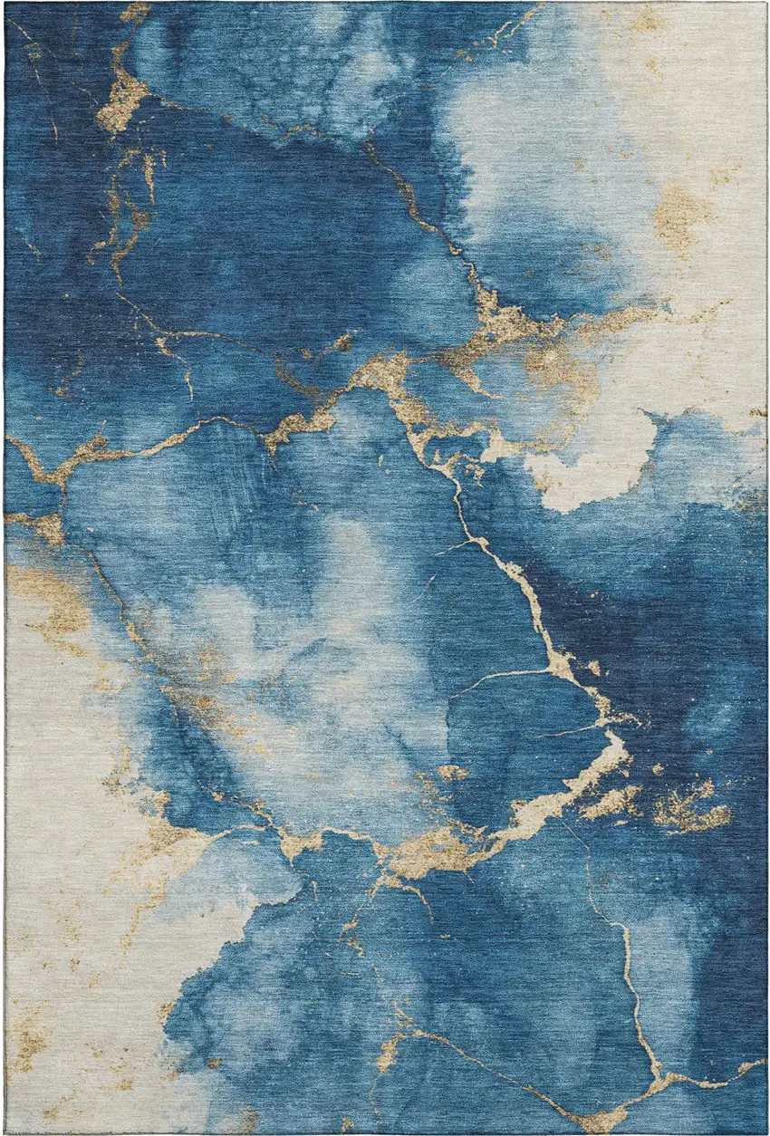 Navy Blue And Gold Abstract Washable Area Rug With UV Protection Photo 1