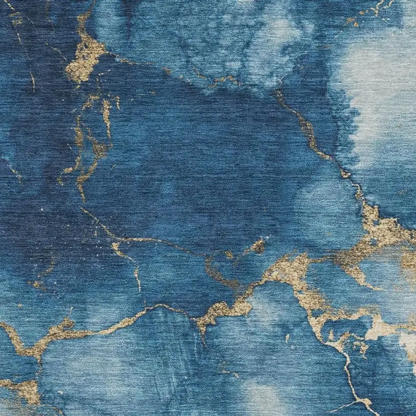 Navy Blue And Gold Abstract Washable Area Rug With UV Protection Photo 2