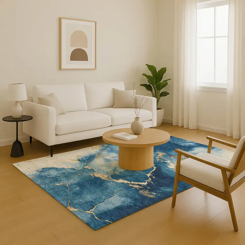 Navy Blue And Gold Abstract Washable Area Rug With UV Protection Photo 6