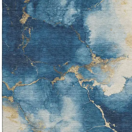 Navy Blue And Gold Abstract Washable Area Rug With UV Protection Photo 3