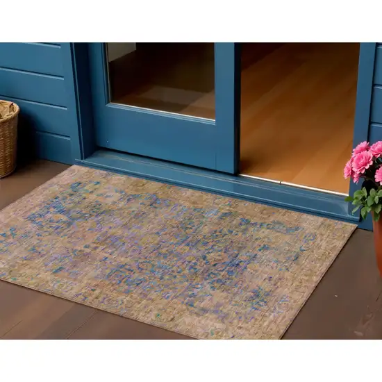 Navy Blue And Gold Abstract Washable Indoor Outdoor Area Rug Photo 2