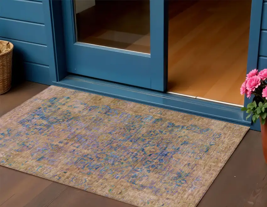 Navy Blue And Gold Abstract Washable Indoor Outdoor Area Rug Photo 2