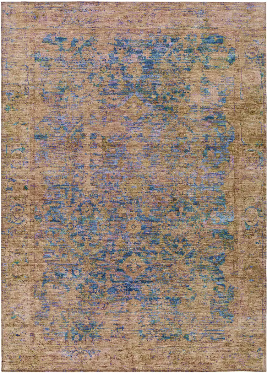 Navy Blue And Gold Abstract Washable Indoor Outdoor Area Rug Photo 1