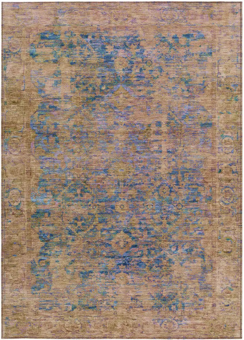 Navy Blue And Gold Abstract Washable Indoor Outdoor Area Rug Photo 3