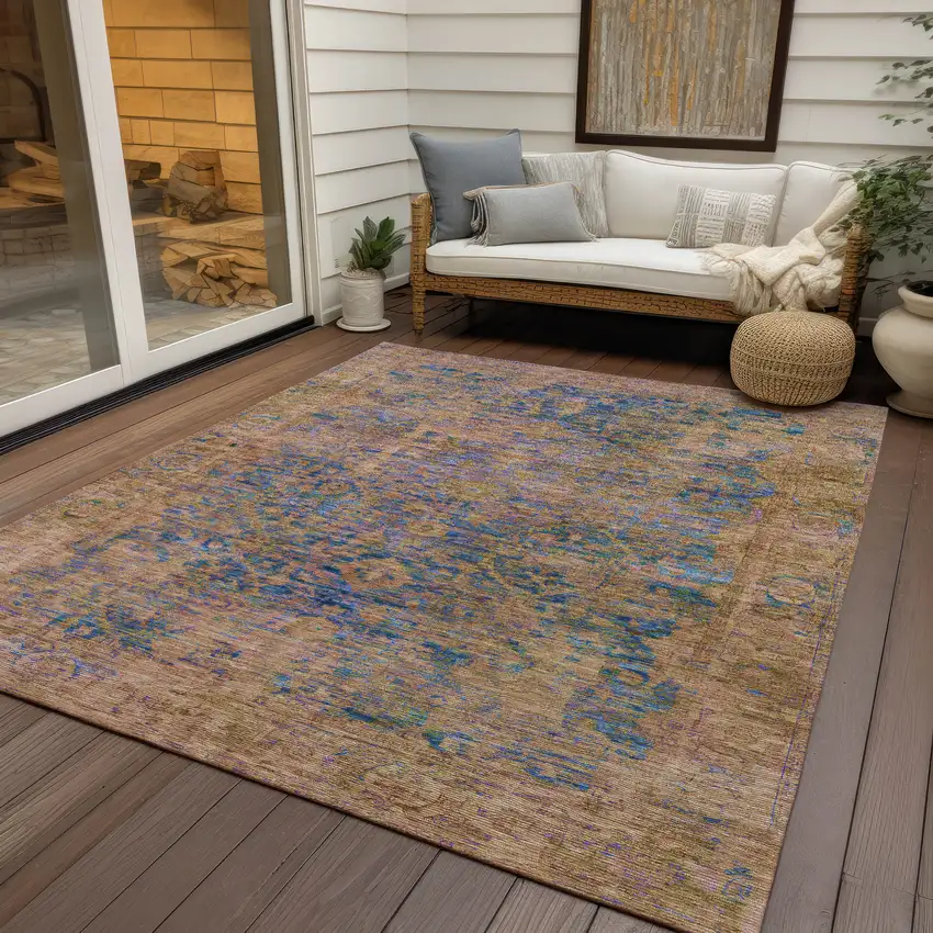 Navy Blue And Gold Abstract Washable Indoor Outdoor Area Rug Photo 5