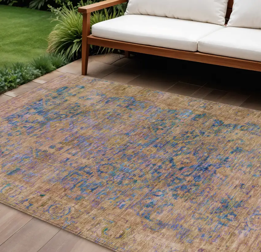 Navy Blue And Gold Abstract Washable Indoor Outdoor Area Rug Photo 2