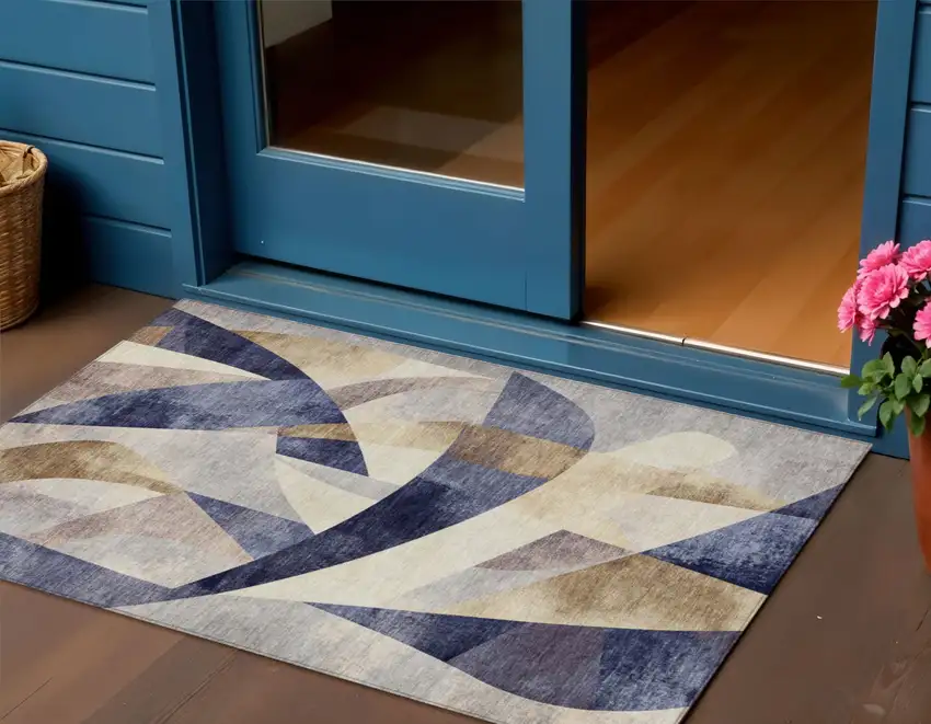 Navy Blue And Gold Abstract Washable Indoor Outdoor Area Rug Photo 2