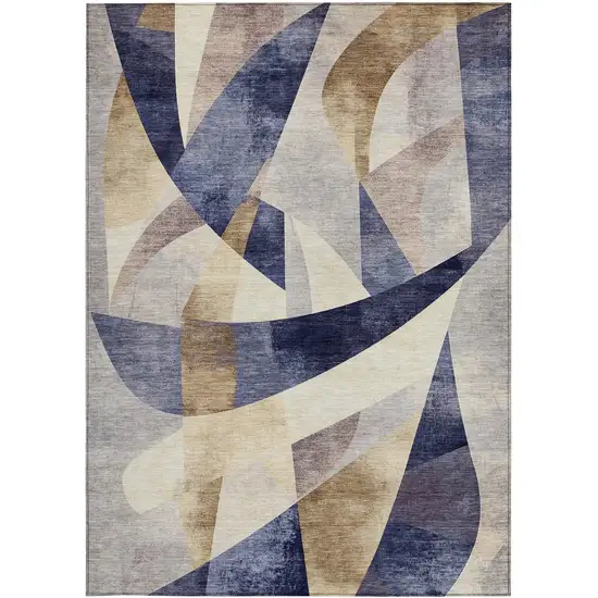 Navy Blue And Gold Abstract Washable Indoor Outdoor Area Rug Photo 9