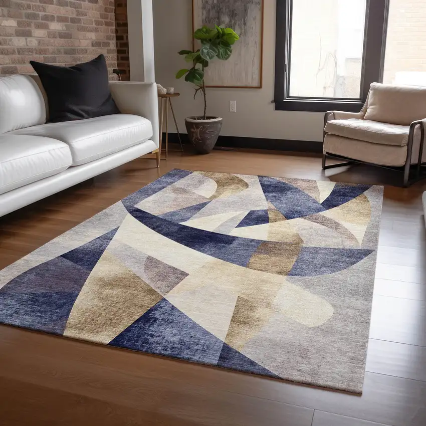 Navy Blue And Gold Abstract Washable Indoor Outdoor Area Rug Photo 5