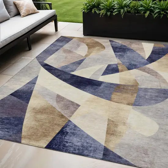 Navy Blue And Gold Abstract Washable Indoor Outdoor Area Rug Photo 2