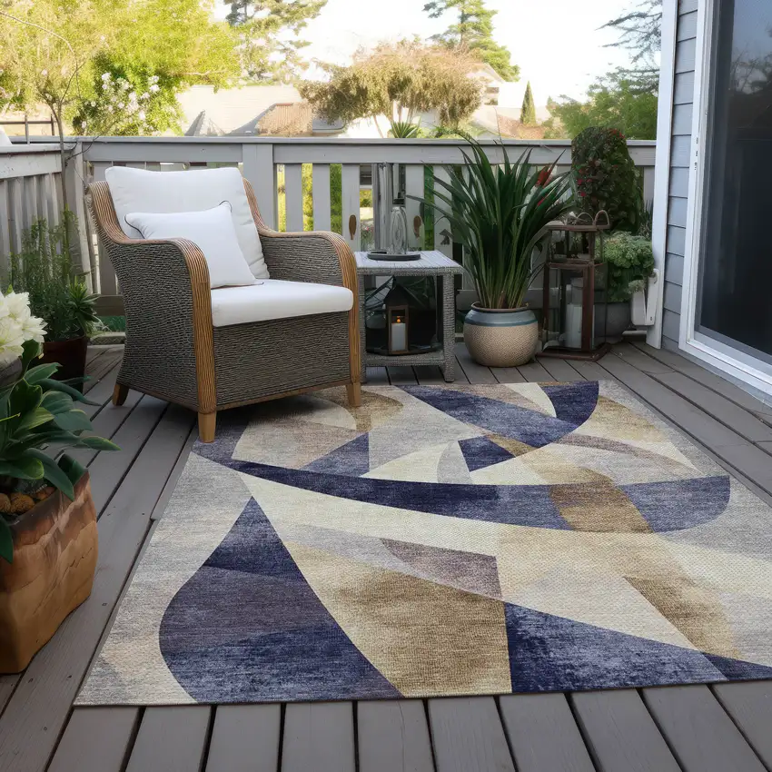 Navy Blue And Gold Abstract Washable Indoor Outdoor Area Rug Photo 8