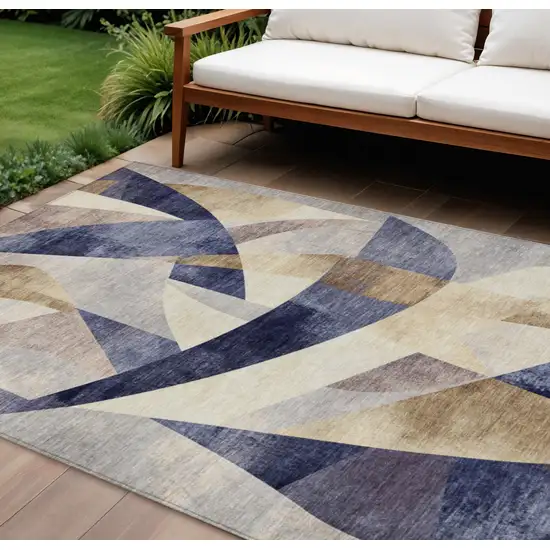 Navy Blue And Gold Abstract Washable Indoor Outdoor Area Rug Photo 2