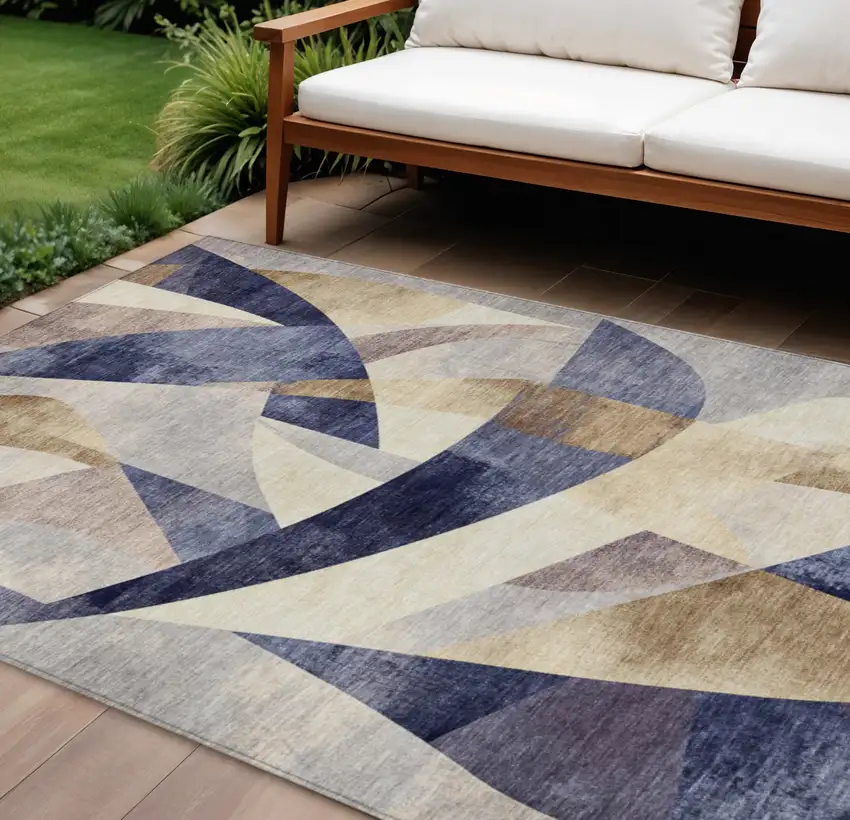 Navy Blue And Gold Abstract Washable Indoor Outdoor Area Rug Photo 2