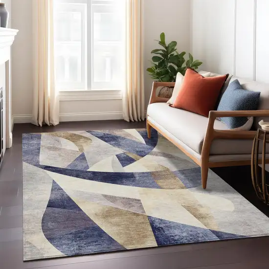 Navy Blue And Gold Abstract Washable Indoor Outdoor Area Rug Photo 8