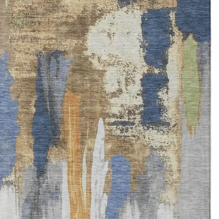 Navy Blue And Gold Abstract Washable Indoor Outdoor Area Rug Photo 6
