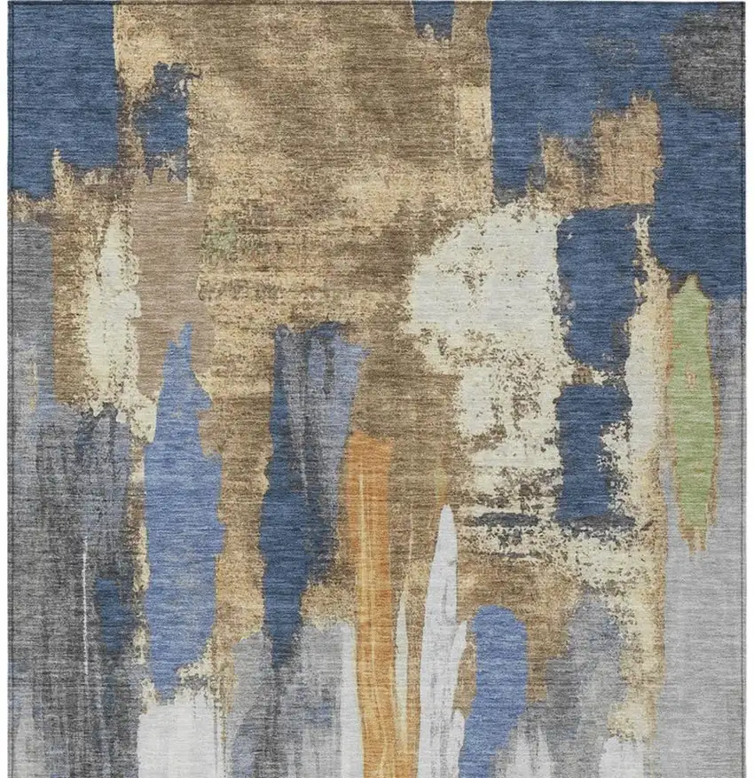 Navy Blue And Gold Abstract Washable Indoor Outdoor Area Rug Photo 1