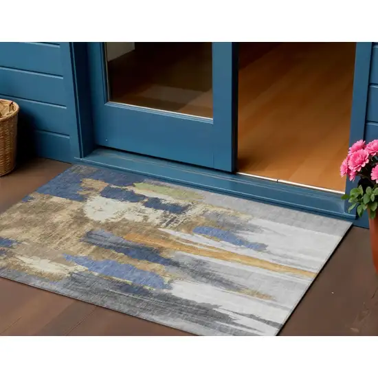 Navy Blue And Gold Abstract Washable Indoor Outdoor Area Rug Photo 2
